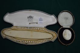 Pearl necklaces, a gilt metal necklace, small bar brooch and a cameo brooch.