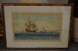 A watercolour, possibly depicting Columbus's ship The Santa Maria on route to America.