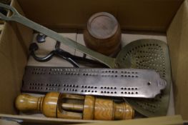 A brass skimmer, cribbage board, sugar cutters etc.