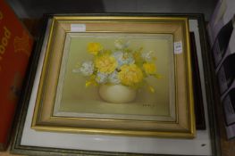 Still life of flowers in a vase, oil on canvas together with two prints.