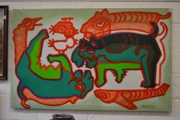 Prajapati, mythical creatures, oil on canvas, stretchered but unframed.