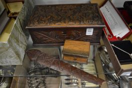 Three items made from the wood of Winchester Cathedral to include two boxes and a letter opener.