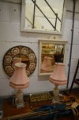 Miscellaneous items to include mirrors, pair of table lamps, walking sticks etc.
