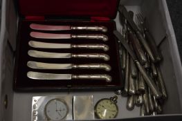 Cased set of six silver handled butter knives and other items.