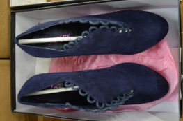 A pair of Jones ladies blue suede high heel boots, size 6.