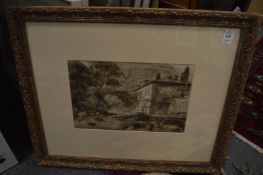 George Weissbort, rocky stream with arched bridge and house, watercolour and three others by the