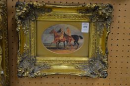 Figures on horseback, colour print in a decorative gilt frame.