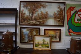 Wooded river landscape, oil on canvas together with three other similar.