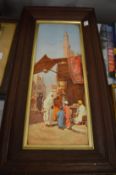 A pair of colour prints depicting Arab street scenes in moulded oak frames.