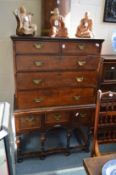 An early 18th century oak chest on stand with two short and three long drawers on a base with
