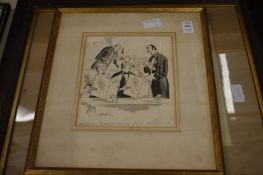 An ink cartoon, framed and glazed together with a photographic print of a horse.