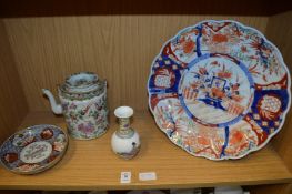 Oriental ceramics to include Imari charger and a famille rose teapot.
