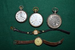 Three pocket watches and two wristwatches.