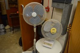 A floor standing electric fan and a tabletop fan.