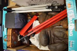Miscellaneous collectables to include a pair of old boxing gloves.