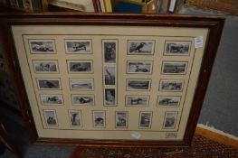 A group of four framed and glazed collections of cigarette cards together with another item.