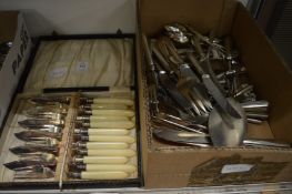 Cased set of fish knives and forks and a quantity of plated flatware.