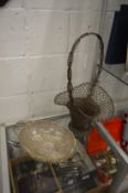 A white metal woven basket together with a similar dish with glass liner.