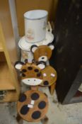 Two childrens animal shaped chairs and other nursery items.
