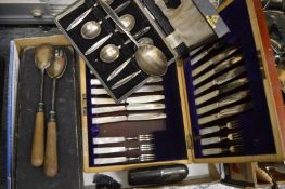A quantity of cased flatware and hip flask etc.