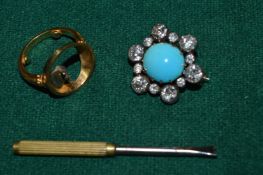 A good yellow metal diamond and turquoise combination ring and brooch, the head mounted with a