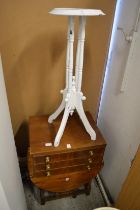 A painted plant stand, three drawer cutlery chest and a small oak drop leaf table.