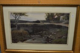 John McDougal, view of a bridge over a stream with figures and cottage, watercolour, signed.
