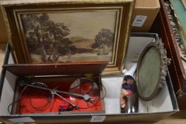 Miniature set of scales, porcelain pipe, frame and a straw picture.