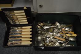 Cased set of fish knives and forks and other items.