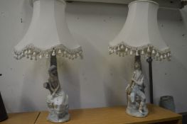 A pair of Nao porcelain figural table lamps, shepherd and shepherdess.