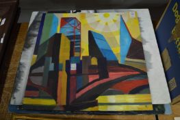 A group of four, oil on board, abstracts, unframed.