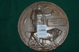 WWI death plaque presented to Henry John Hewson.