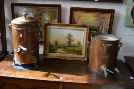 Two copper hot water urns.