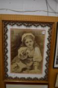 Study of a young girl with a basket of fruit, sepia print, in a carved oak frame.