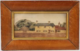 ENGLISH SCHOOL (19TH CENTURY) Roadside cottages watercolour in period maple frame 12 x 26cm
