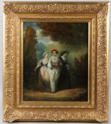 CONTINENTAL SCHOOL (19TH CENTURY) Two ladies with an escort on a woodland path oil on canvas 44 x