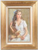 KONSTANTIN RAZUMOV (b.1974 RUSSIAN) Seated girl with lapdog oil on canvas signed Inscribed on the