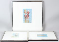 CONTEMPORARY SCHOOL Two women paddling on a beach oil on board 23.5 x 15cm signed indistinctly and