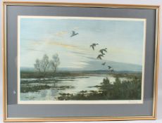 PETER SCOTT Mallards flighting in colour print signed in pencil Trade Guild blindstamp published