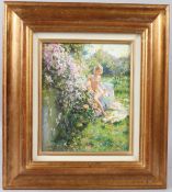 KONSTANTIN RAZUMOV (b.1974 RUSSIAN) 'Spring Day' naked lady seated by a rose bush oil on canvas