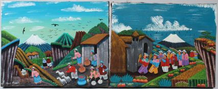 ORLANDO QUINDIGALLE (SOUTH AMERICAN) Village scenes pair of oils signed unframed 24 x 30cm (2)