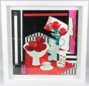 MAUREEN FARR 'Red Apples' acrylic and mixed media signed with initials artist's label verso 57 x