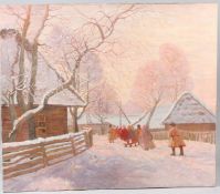 POSSIBLY RUSSIAN SCHOOL Village scene of figures walking through snow oil on canvas unframed 68 x