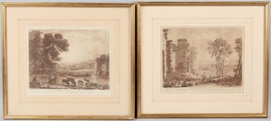 AFTER CLAUDE LE LORRAINE Two landscapes with figures and ruins mezzotints, engraved by Richard