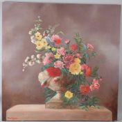 THAER ALTEMIM Still life of flowers oil on canvas (a/f) signed unframed 99.5 x 99.5cm