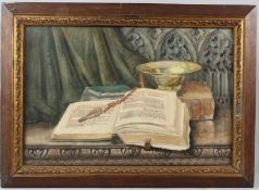 VICTORIAN SCHOOL Still life of an open Bible, beads and chalice watercolour 45 x 68cm