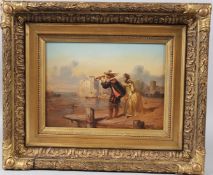 CONTINENTAL SCHOOL View of a coastal castle with a couple looking out to sea oil on board signed