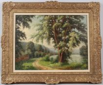 LATE 19TH / EARLY 20TH CENTURY SCHOOL River landscape with path oil on canvas 48.5 x 83cm
