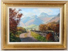 ARTHUR TERRY BLAMIRES (b.1930) 'The Langdale Pikes from the path near Chapel Stile' oil on board