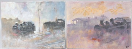 RICHARD COX Studies of steam trains acrylics on canvas board pair, both signed and dated 2019